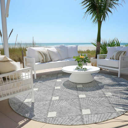 Tabselect Home Line 8' Gray And Ivory Round Geometric Washable Indoor Outdoor Area Rug