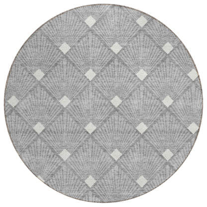 Tabselect Home Line 8' Gray And Ivory Round Geometric Washable Indoor Outdoor Area Rug