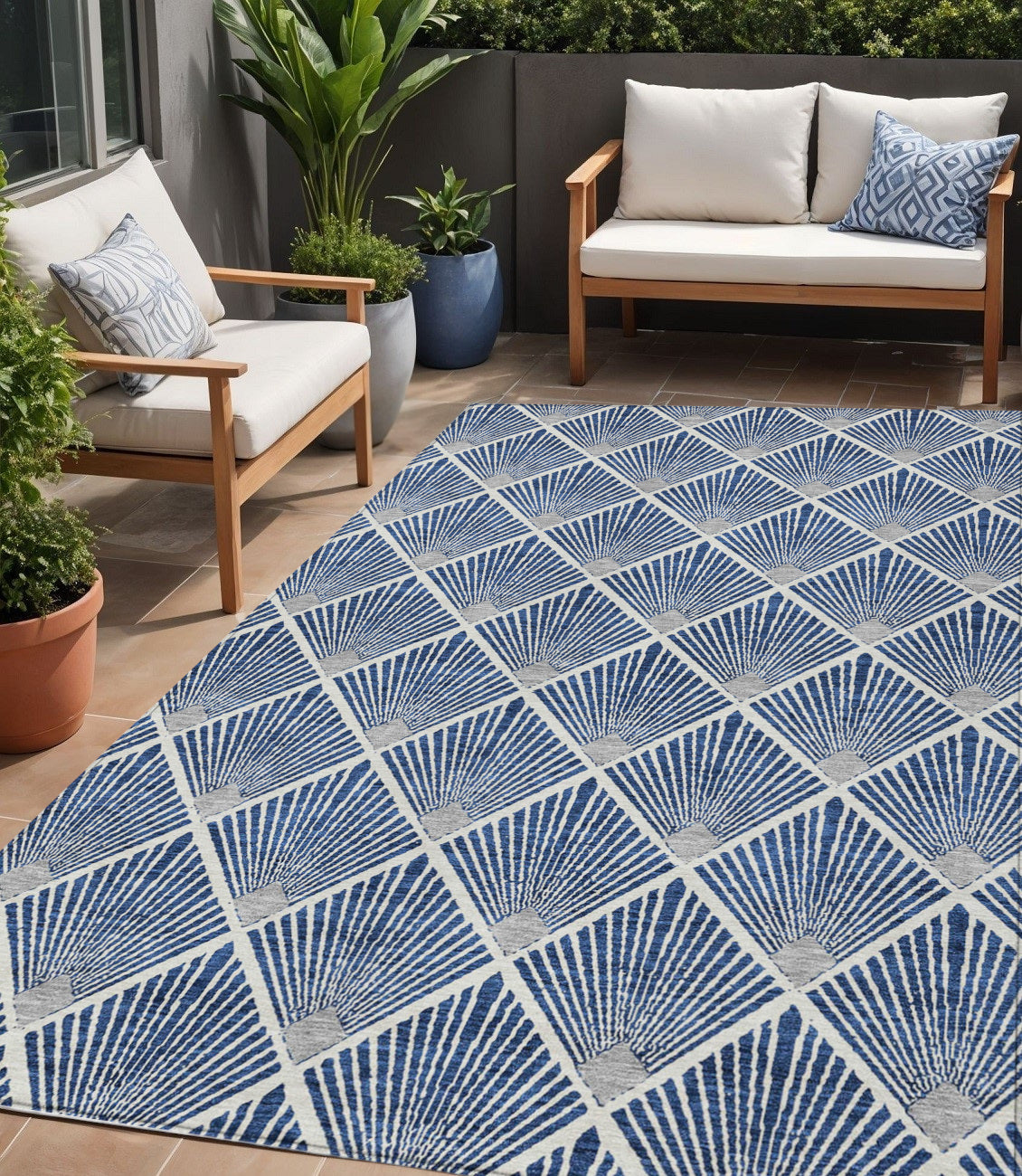 Tabselect Home Line 5' X 8' Navy Blue Gray And Ivory Geometric Washable Indoor Outdoor Area Rug