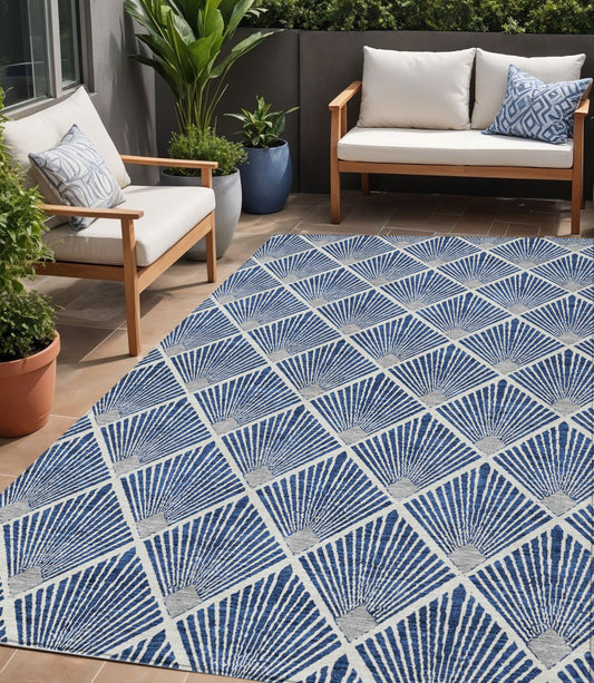 Tabselect Home Line 5' X 8' Navy Blue Gray And Ivory Geometric Washable Indoor Outdoor Area Rug