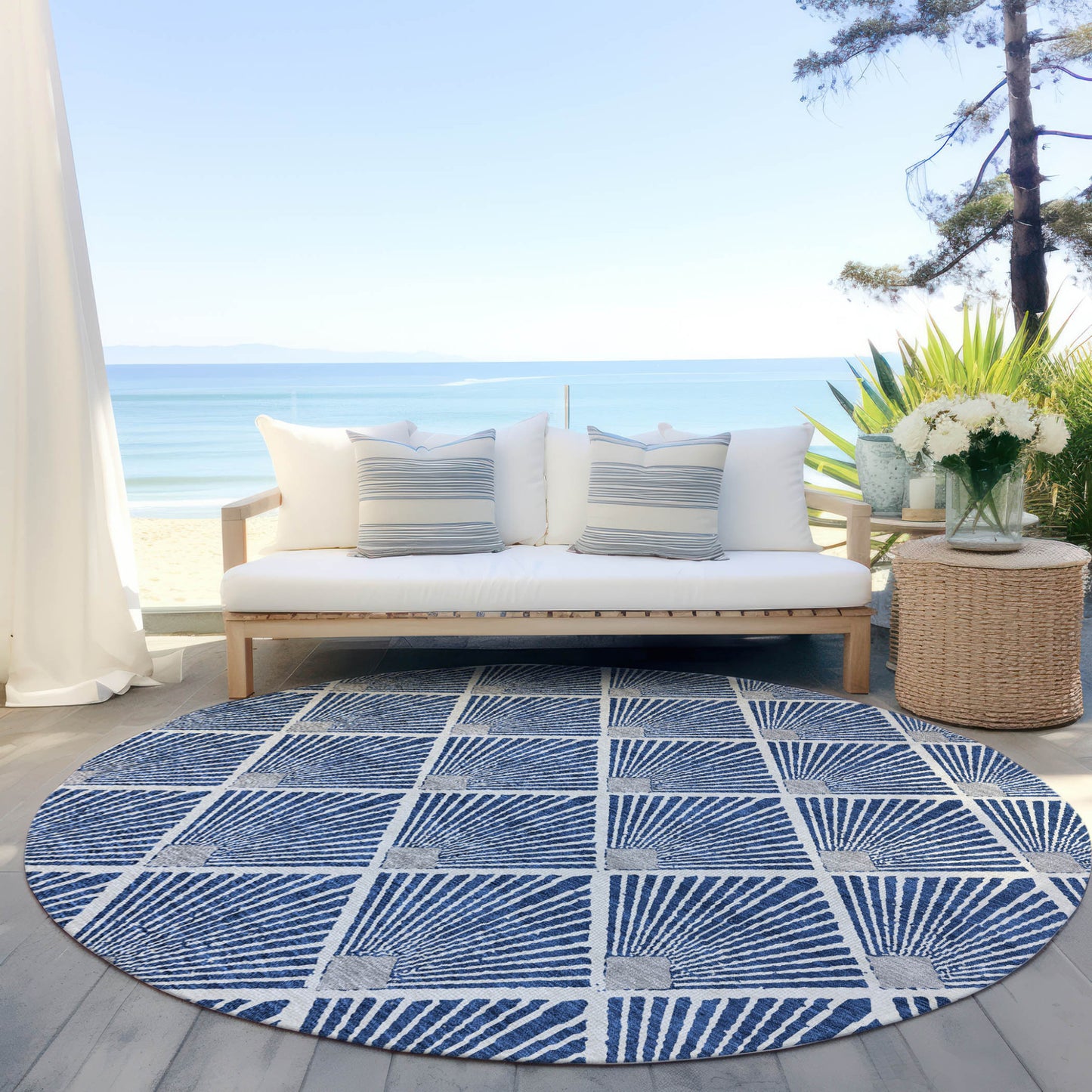Tabselect Home Line 8' Navy Blue Gray And Ivory Round Geometric Washable Indoor Outdoor Area Rug