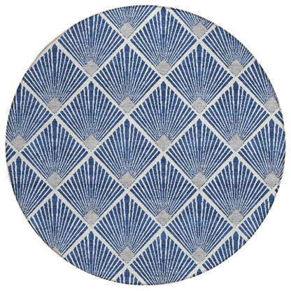 Tabselect Home Line 8' Navy Blue Gray And Ivory Round Geometric Washable Indoor Outdoor Area Rug