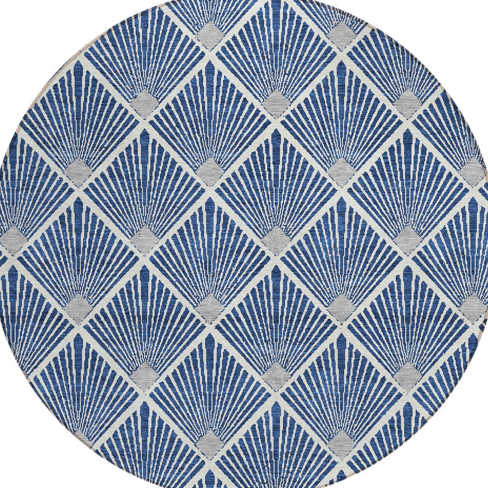 Tabselect Home Line 8' Navy Blue Gray And Ivory Round Geometric Washable Indoor Outdoor Area Rug