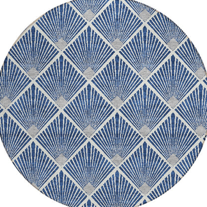 Tabselect Home Line 8' Navy Blue Gray And Ivory Round Geometric Washable Indoor Outdoor Area Rug