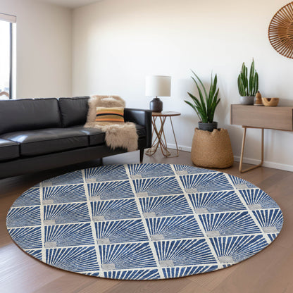 Tabselect Home Line 8' Navy Blue Gray And Ivory Round Geometric Washable Indoor Outdoor Area Rug