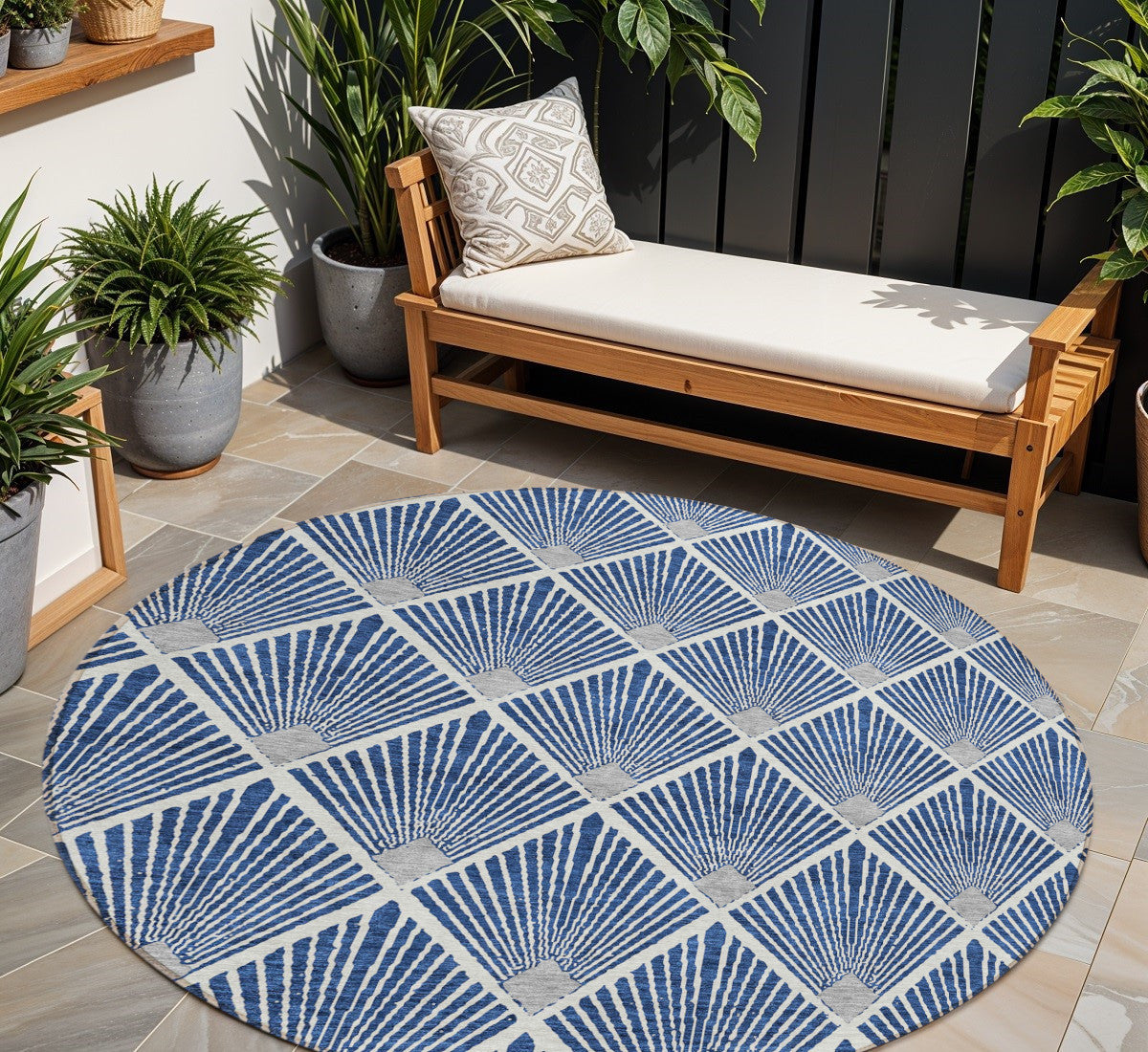 Tabselect Home Line 8' Navy Blue Gray And Ivory Round Geometric Washable Indoor Outdoor Area Rug