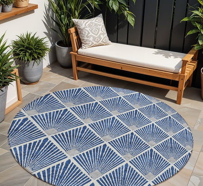Tabselect Home Line 8' Navy Blue Gray And Ivory Round Geometric Washable Indoor Outdoor Area Rug