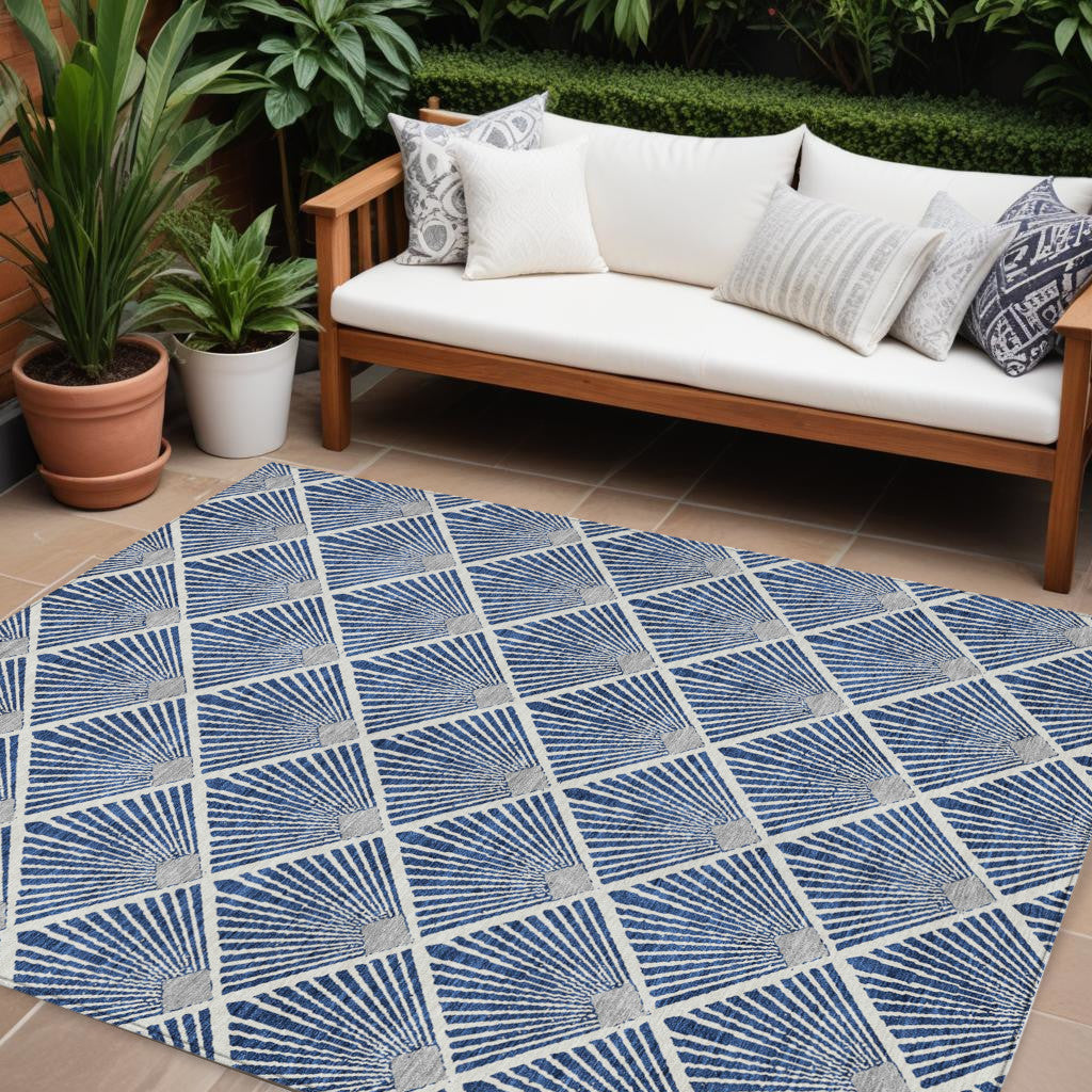 Tabselect Home Line 8' X 10' Navy Blue Gray And Ivory Geometric Washable Indoor Outdoor Area Rug
