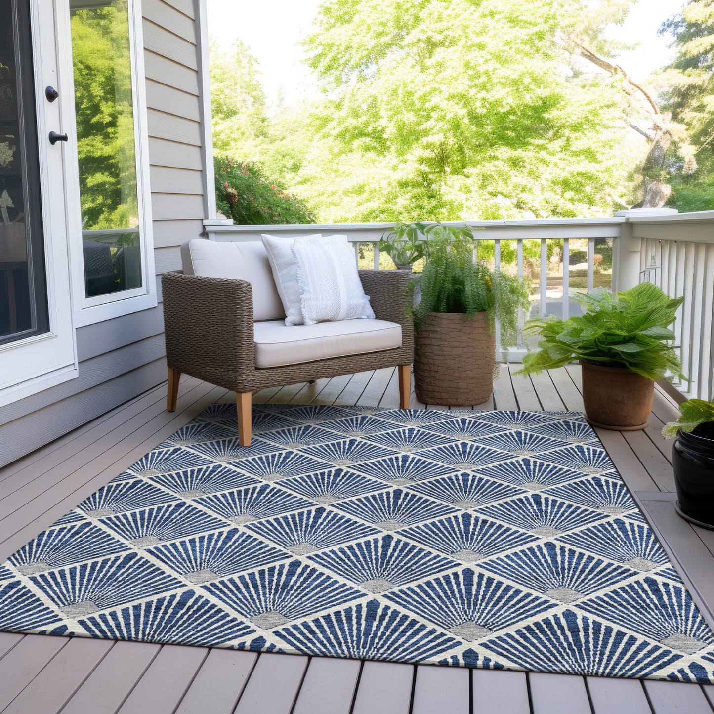 Tabselect Home Line 8' X 10' Navy Blue Gray And Ivory Geometric Washable Indoor Outdoor Area Rug