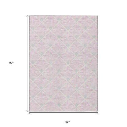 Tabselect Home Line 5' X 8' Pink Gray And Ivory Geometric Washable Indoor Outdoor Area Rug