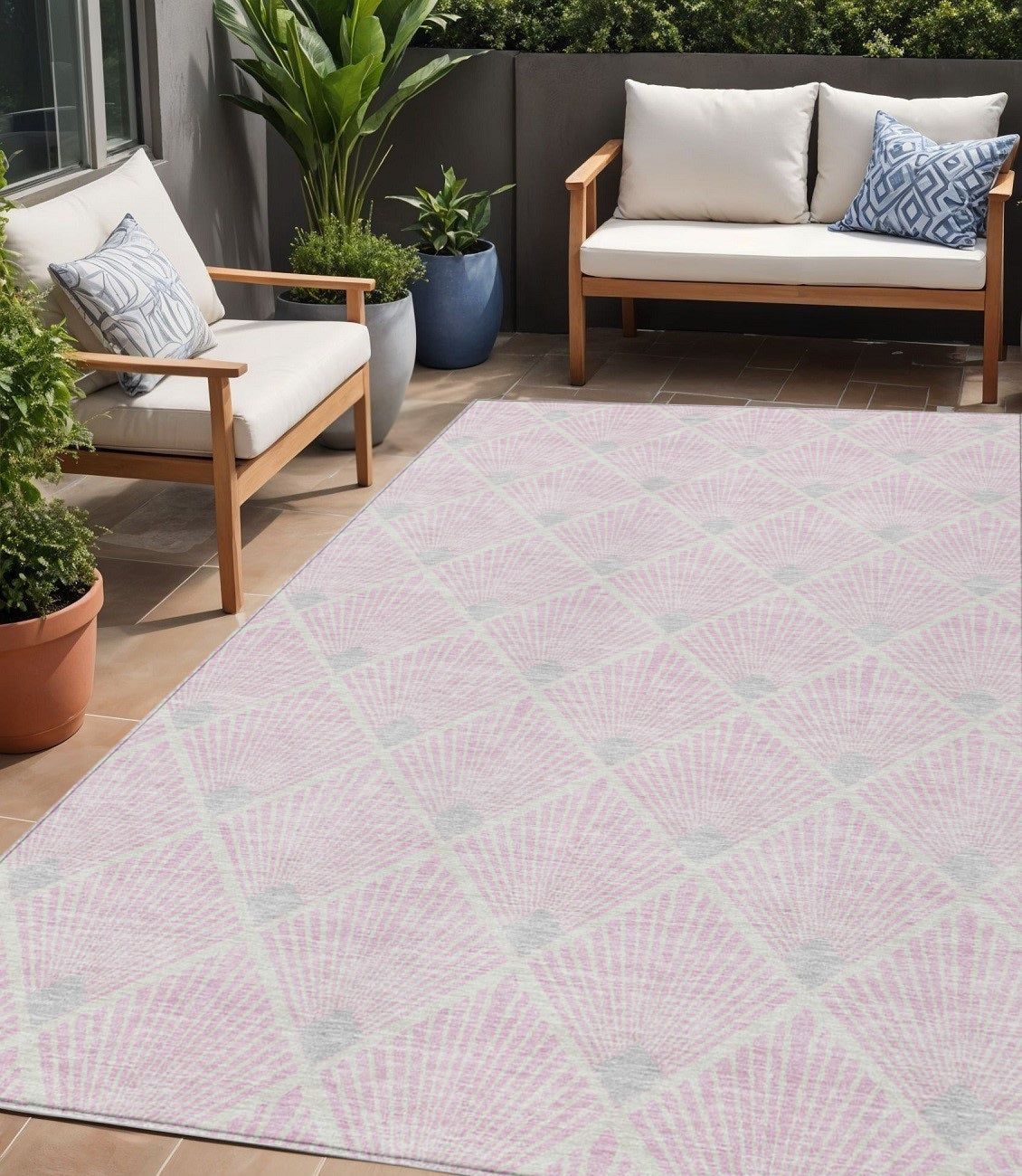 Tabselect Home Line 5' X 8' Pink Gray And Ivory Geometric Washable Indoor Outdoor Area Rug
