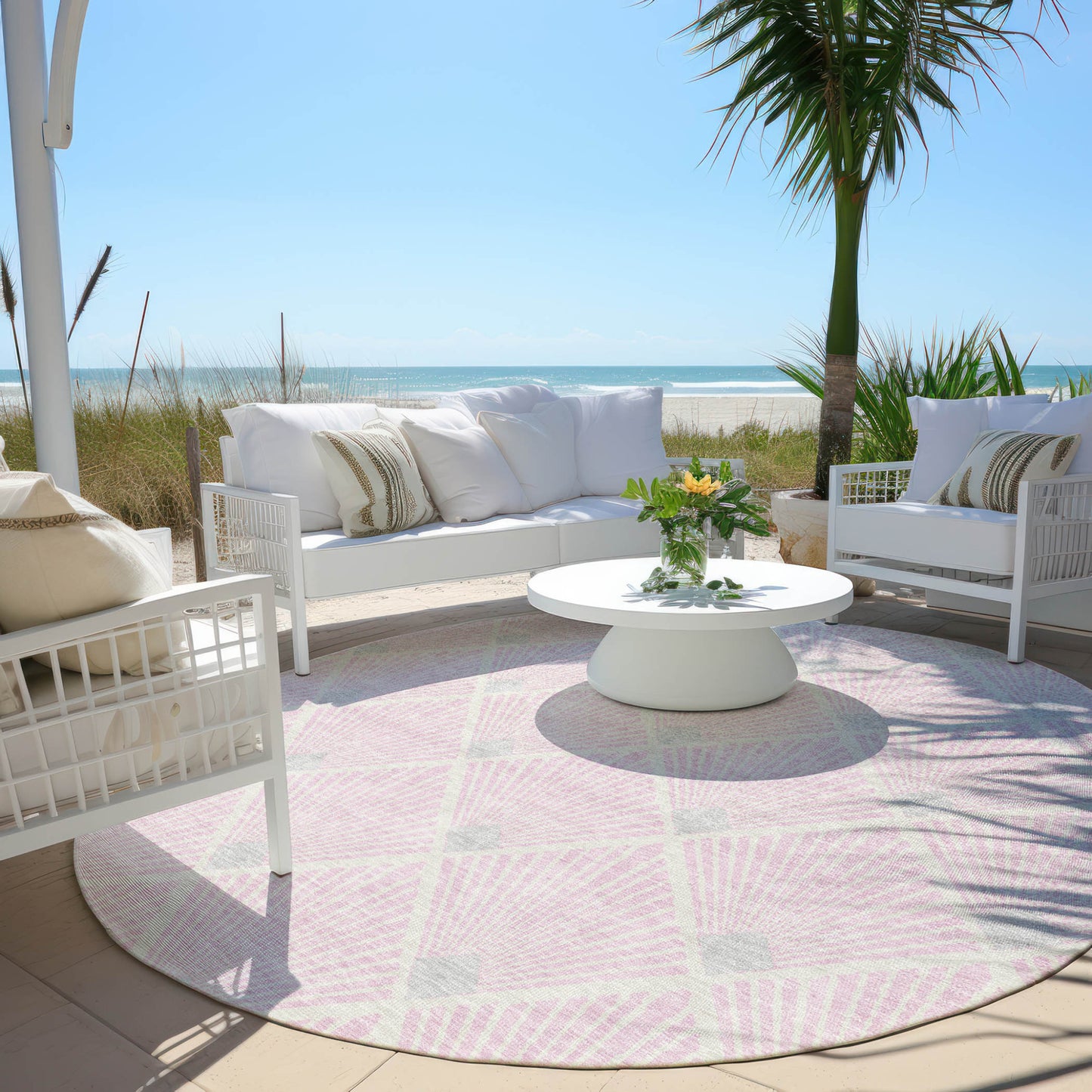 Tabselect Home Line 8' Pink Gray And Ivory Round Geometric Washable Indoor Outdoor Area Rug