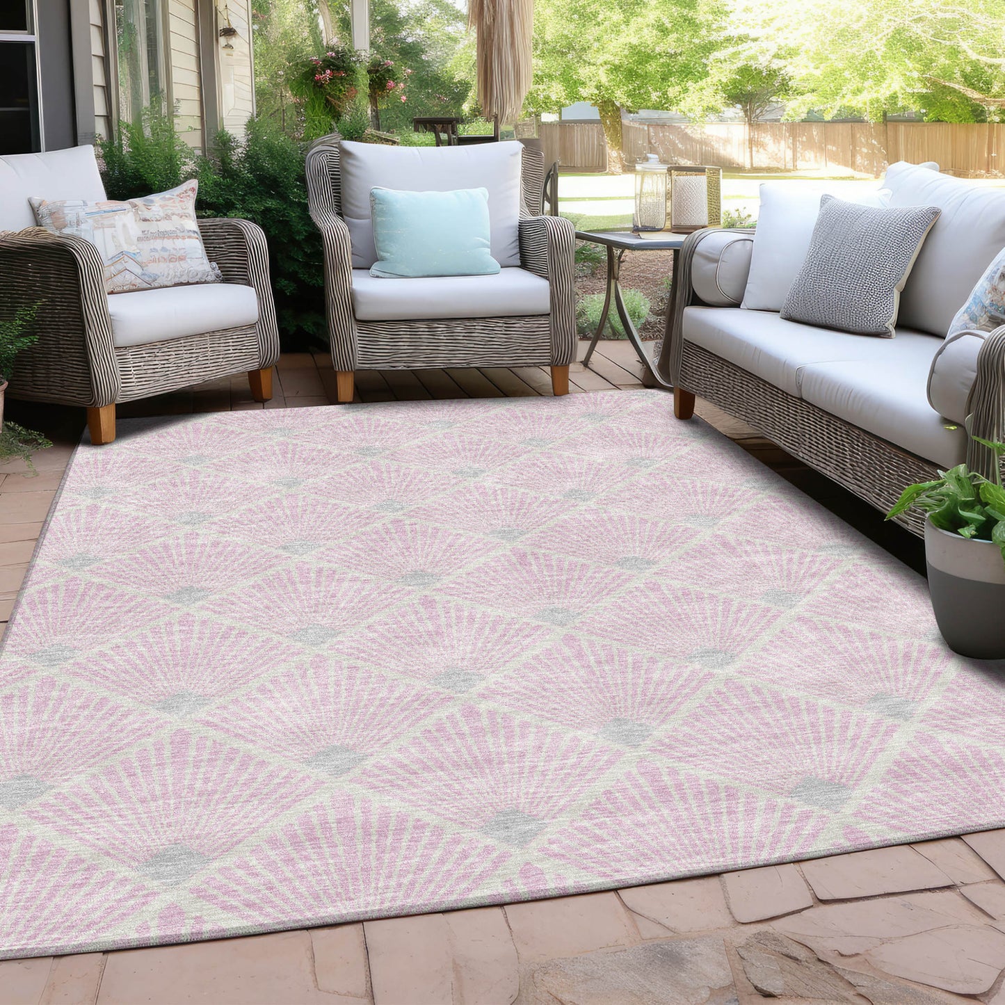 Tabselect Home Line 8' X 10' Pink Gray And Ivory Geometric Washable Indoor Outdoor Area Rug