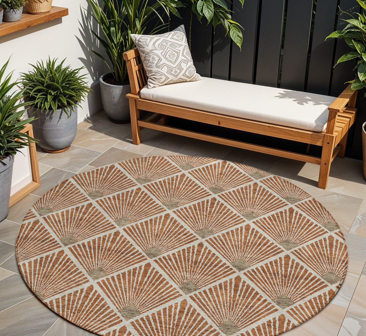 Tabselect Home Line 8' Brown Copper And Beige Round Geometric Washable Indoor Outdoor Area Rug
