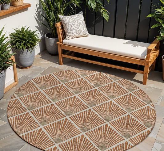 Tabselect Home Line 8' Brown Copper And Beige Round Geometric Washable Indoor Outdoor Area Rug