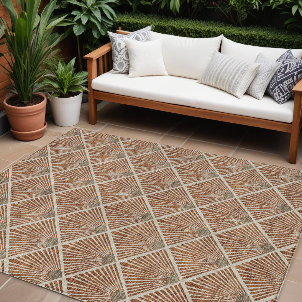Tabselect Home Line 8' X 10' Brown Copper And Beige Geometric Washable Indoor Outdoor Area Rug