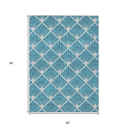 Tabselect Home Line 5' X 8' Teal Blue And Ivory Geometric Washable Indoor Outdoor Area Rug