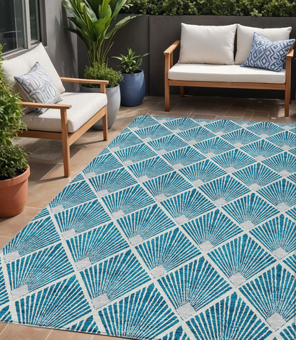 Tabselect Home Line 5' X 8' Teal Blue And Ivory Geometric Washable Indoor Outdoor Area Rug