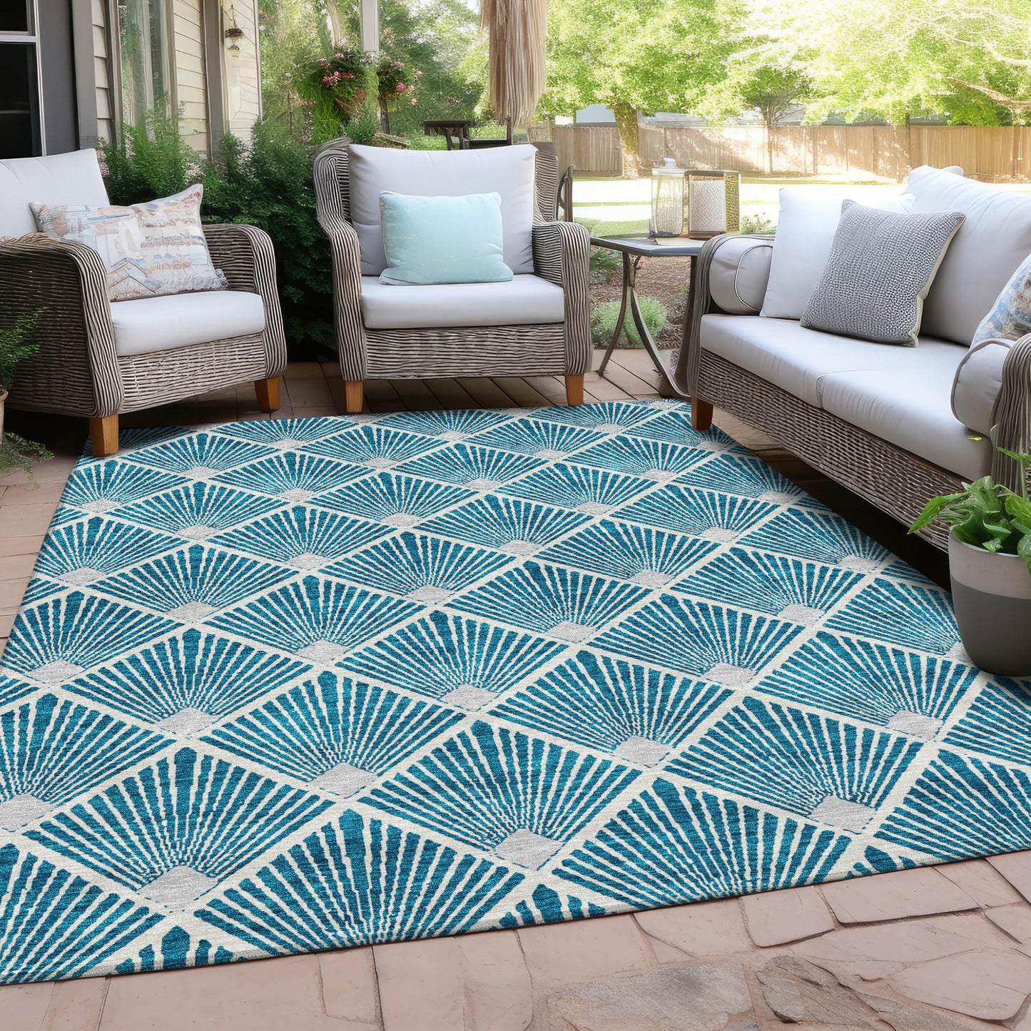 Tabselect Home Line 5' X 8' Teal Blue And Ivory Geometric Washable Indoor Outdoor Area Rug