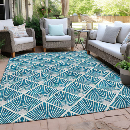 Tabselect Home Line 5' X 8' Teal Blue And Ivory Geometric Washable Indoor Outdoor Area Rug