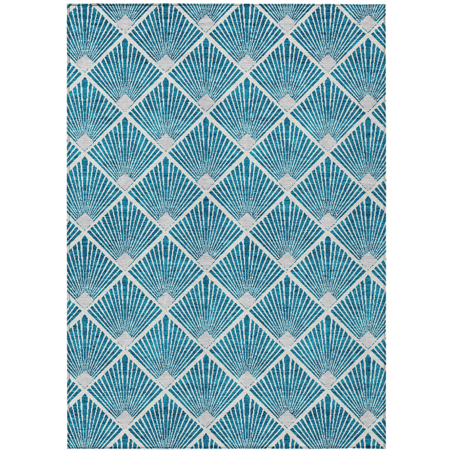 Tabselect Home Line 5' X 8' Teal Blue And Ivory Geometric Washable Indoor Outdoor Area Rug