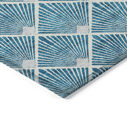 Tabselect Home Line 5' X 8' Teal Blue And Ivory Geometric Washable Indoor Outdoor Area Rug