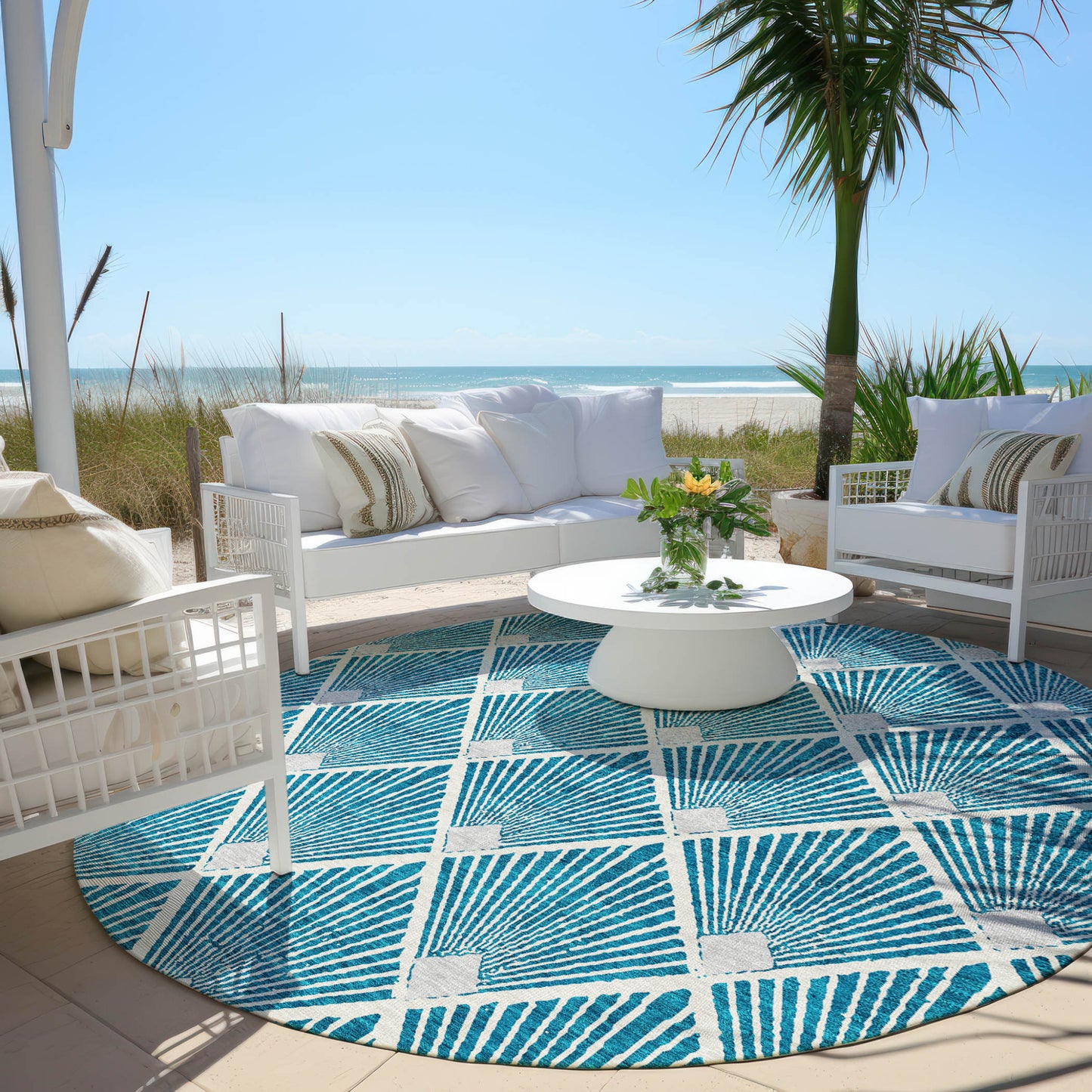 Tabselect Home Line 8' Teal Blue And Ivory Round Geometric Washable Indoor Outdoor Area Rug