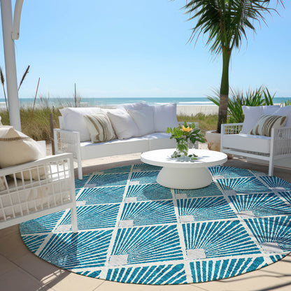 Tabselect Home Line 8' Teal Blue And Ivory Round Geometric Washable Indoor Outdoor Area Rug