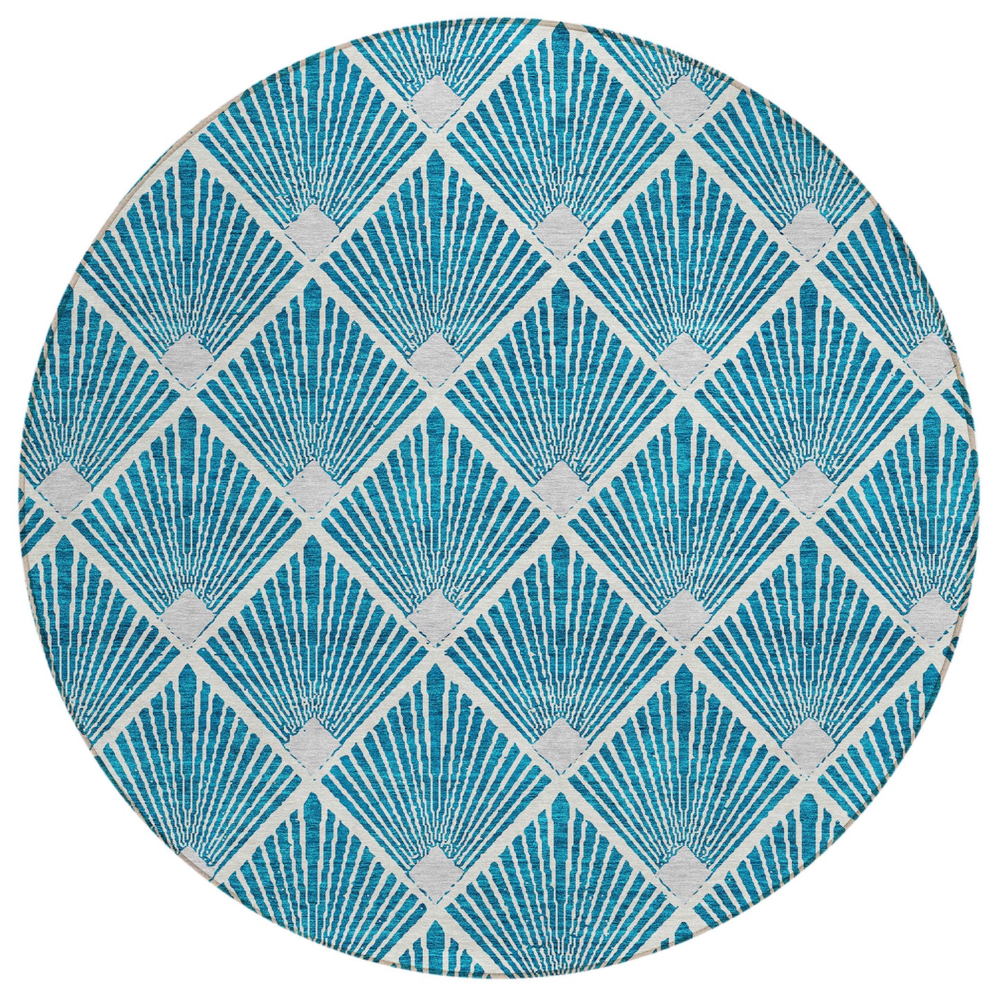 Tabselect Home Line 8' Teal Blue And Ivory Round Geometric Washable Indoor Outdoor Area Rug
