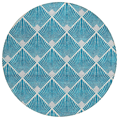 Tabselect Home Line 8' Teal Blue And Ivory Round Geometric Washable Indoor Outdoor Area Rug