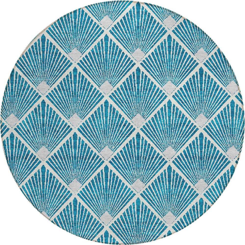 Tabselect Home Line 8' Teal Blue And Ivory Round Geometric Washable Indoor Outdoor Area Rug