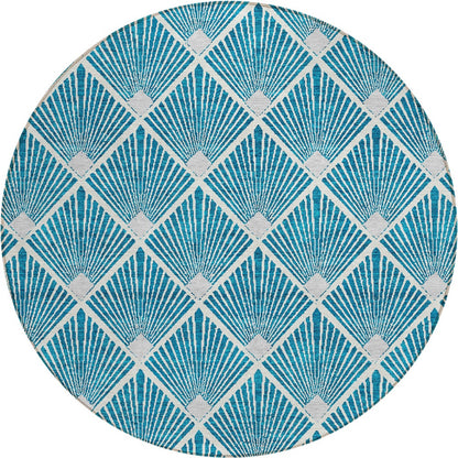 Tabselect Home Line 8' Teal Blue And Ivory Round Geometric Washable Indoor Outdoor Area Rug