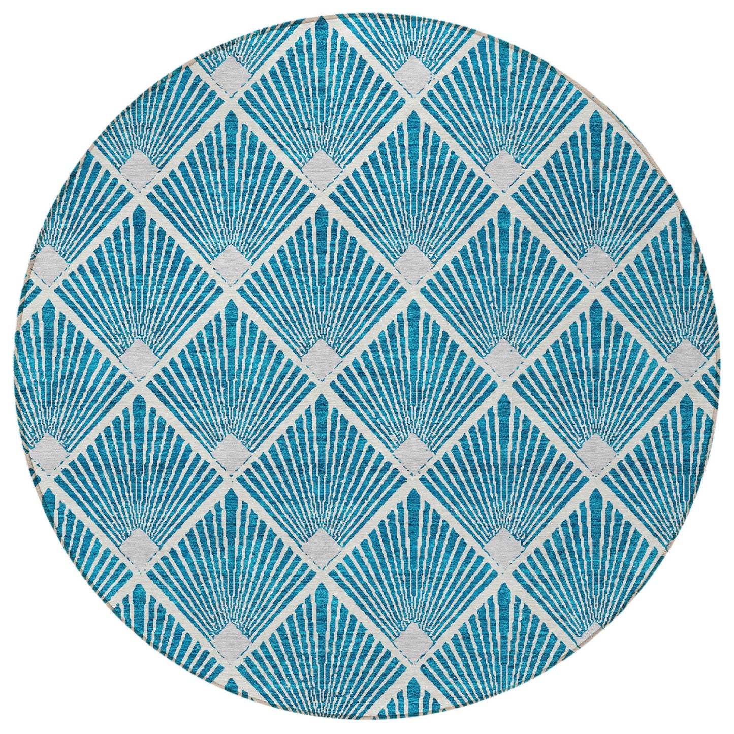 Tabselect Home Line 8' Teal Blue And Ivory Round Geometric Washable Indoor Outdoor Area Rug