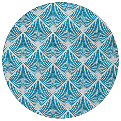 Tabselect Home Line 8' Teal Blue And Ivory Round Geometric Washable Indoor Outdoor Area Rug