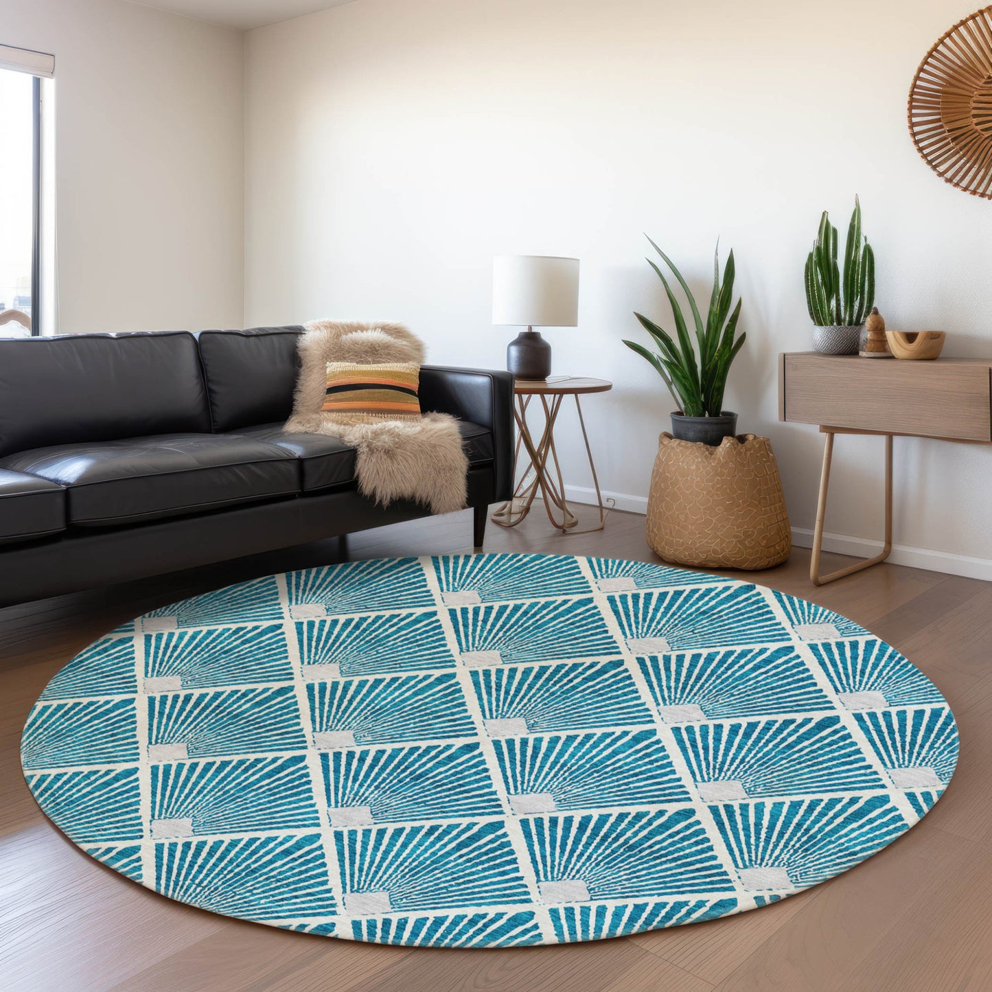 Tabselect Home Line 8' Teal Blue And Ivory Round Geometric Washable Indoor Outdoor Area Rug