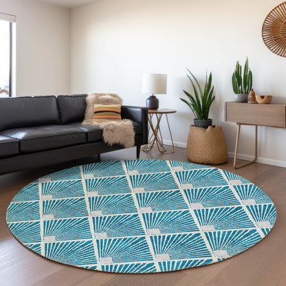 Tabselect Home Line 8' Teal Blue And Ivory Round Geometric Washable Indoor Outdoor Area Rug