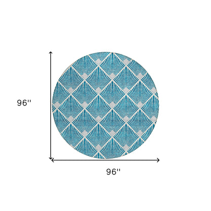Tabselect Home Line 8' Teal Blue And Ivory Round Geometric Washable Indoor Outdoor Area Rug