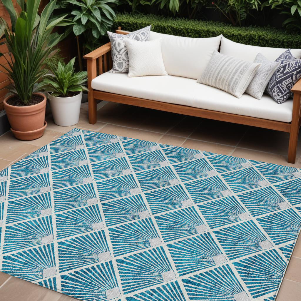 Tabselect Home Line 8' X 10' Teal Blue And Ivory Geometric Washable Indoor Outdoor Area Rug