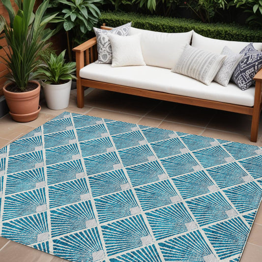 Tabselect Home Line 8' X 10' Teal Blue And Ivory Geometric Washable Indoor Outdoor Area Rug