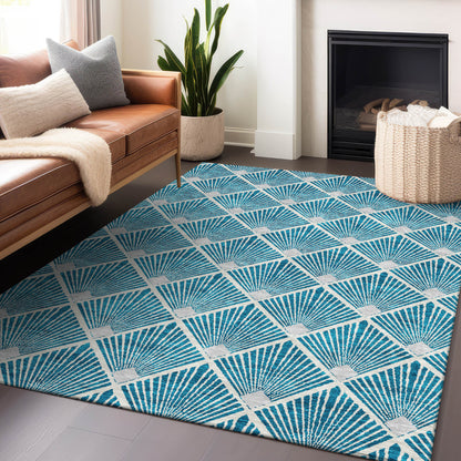 Tabselect Home Line 8' X 10' Teal Blue And Ivory Geometric Washable Indoor Outdoor Area Rug