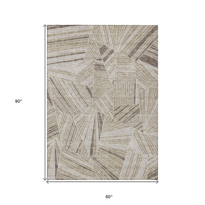 Tabselect Home Line 5' X 8' Beige Brown And Ivory Geometric Washable Indoor Outdoor Area Rug