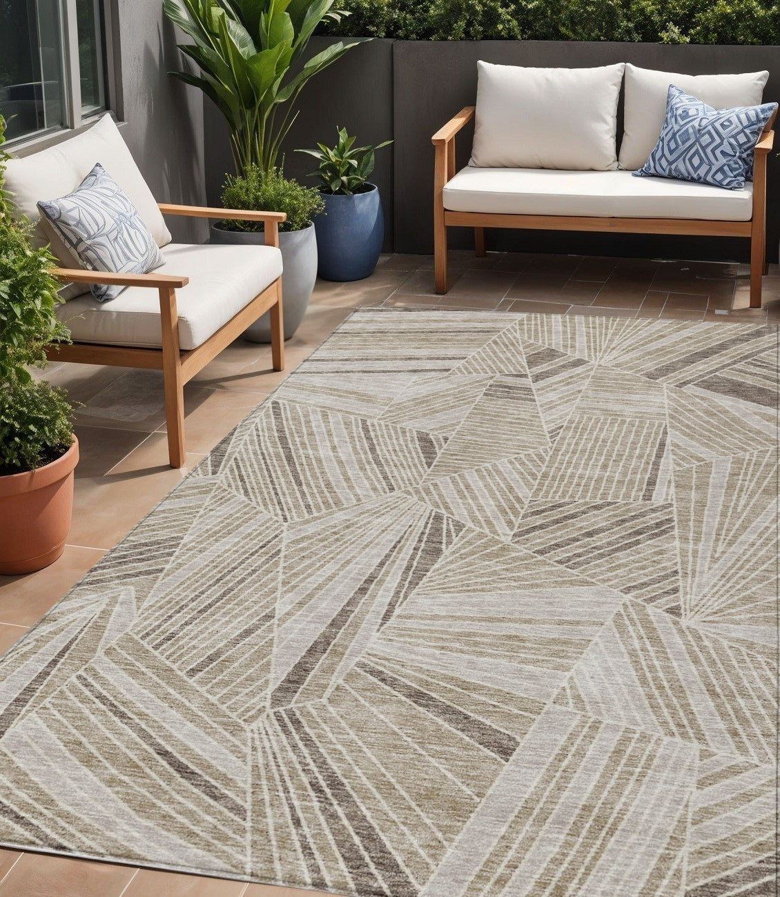Tabselect Home Line 5' X 8' Beige Brown And Ivory Geometric Washable Indoor Outdoor Area Rug