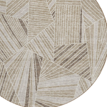 Tabselect Home Line 8' Beige Brown And Ivory Round Geometric Washable Indoor Outdoor Area Rug