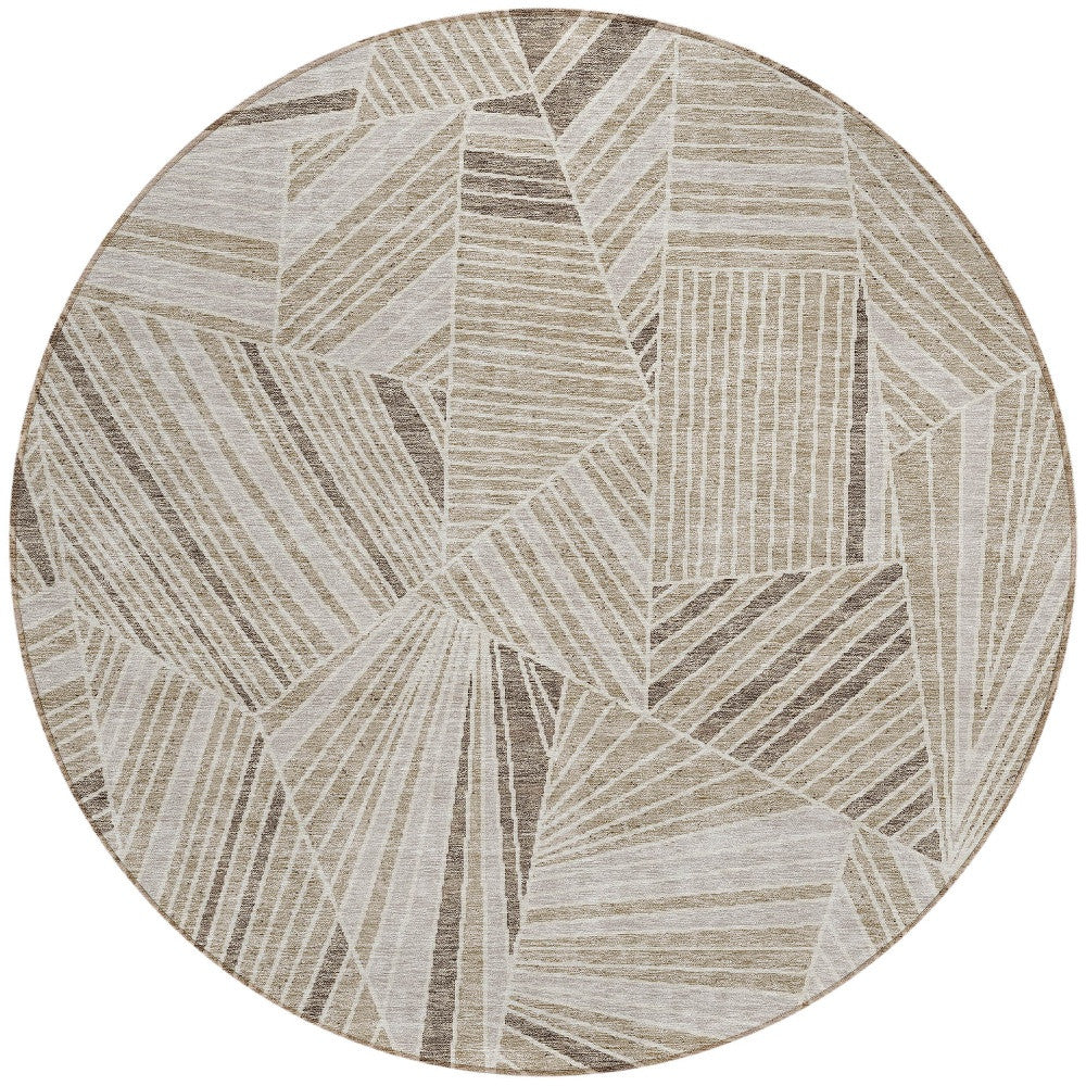 Tabselect Home Line 8' Beige Brown And Ivory Round Geometric Washable Indoor Outdoor Area Rug