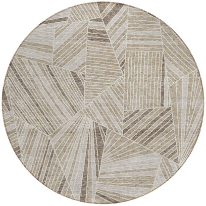 Tabselect Home Line 8' Beige Brown And Ivory Round Geometric Washable Indoor Outdoor Area Rug