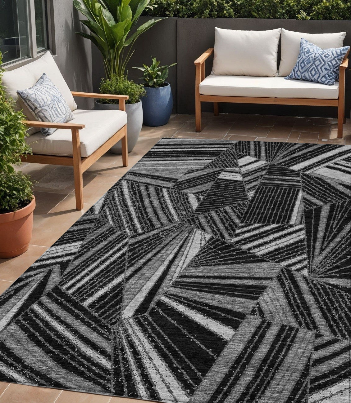 Tabselect Home Line 5' X 8' Black And Gray Geometric Washable Indoor Outdoor Area Rug