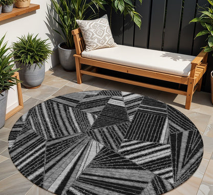Tabselect Home Line 8' Black And Gray Round Geometric Washable Indoor Outdoor Area Rug