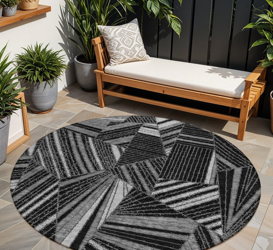 Tabselect Home Line 8' Black And Gray Round Geometric Washable Indoor Outdoor Area Rug