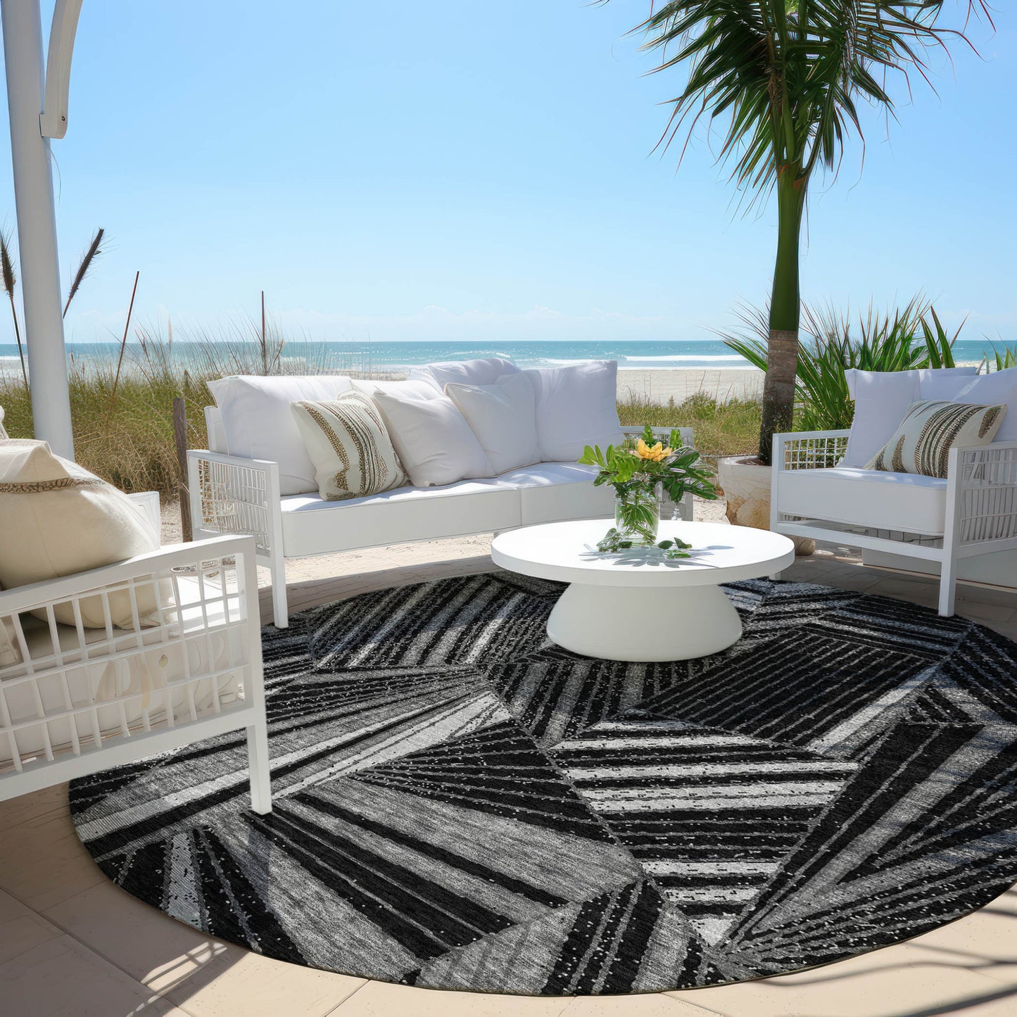 Tabselect Home Line 8' Black And Gray Round Geometric Washable Indoor Outdoor Area Rug