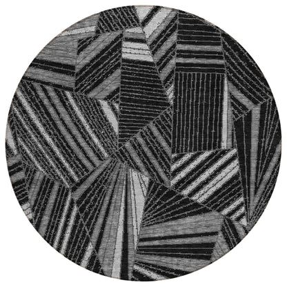 Tabselect Home Line 8' Black And Gray Round Geometric Washable Indoor Outdoor Area Rug